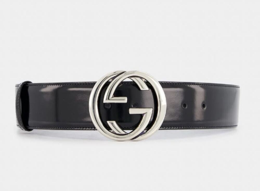 Gucci Interlocking G Brushed Leather Wide Belt Black Silver Buckle Size 80